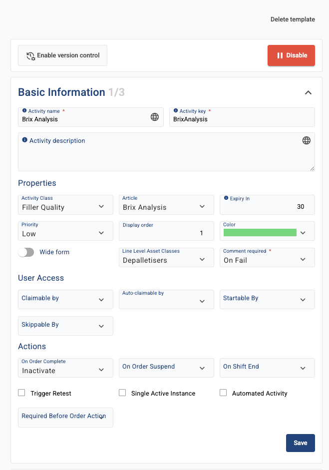 Step 1 of the Activity Template modal displaying Basic Information fields, including the Wide form toggle