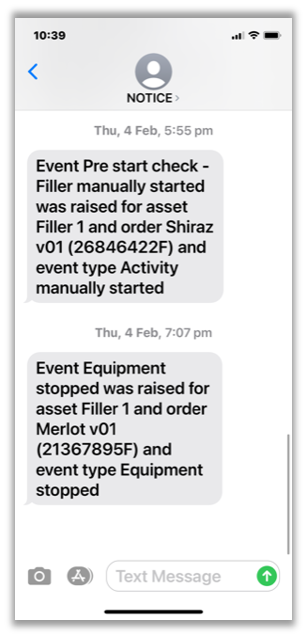 Mobile phone screen layout showing two incoming SMS text messages with alerts for an asset activity starting and an equipment stoppage event