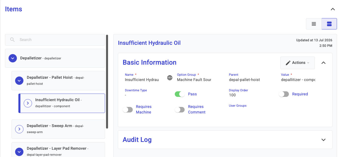 Example Downtime Machine option group showing three-level configuration