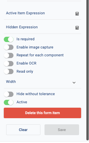 Item Properties panel showing Active Item Expression, Hidden Expression, toggles including Width, and the Delete/Clear/Save buttons