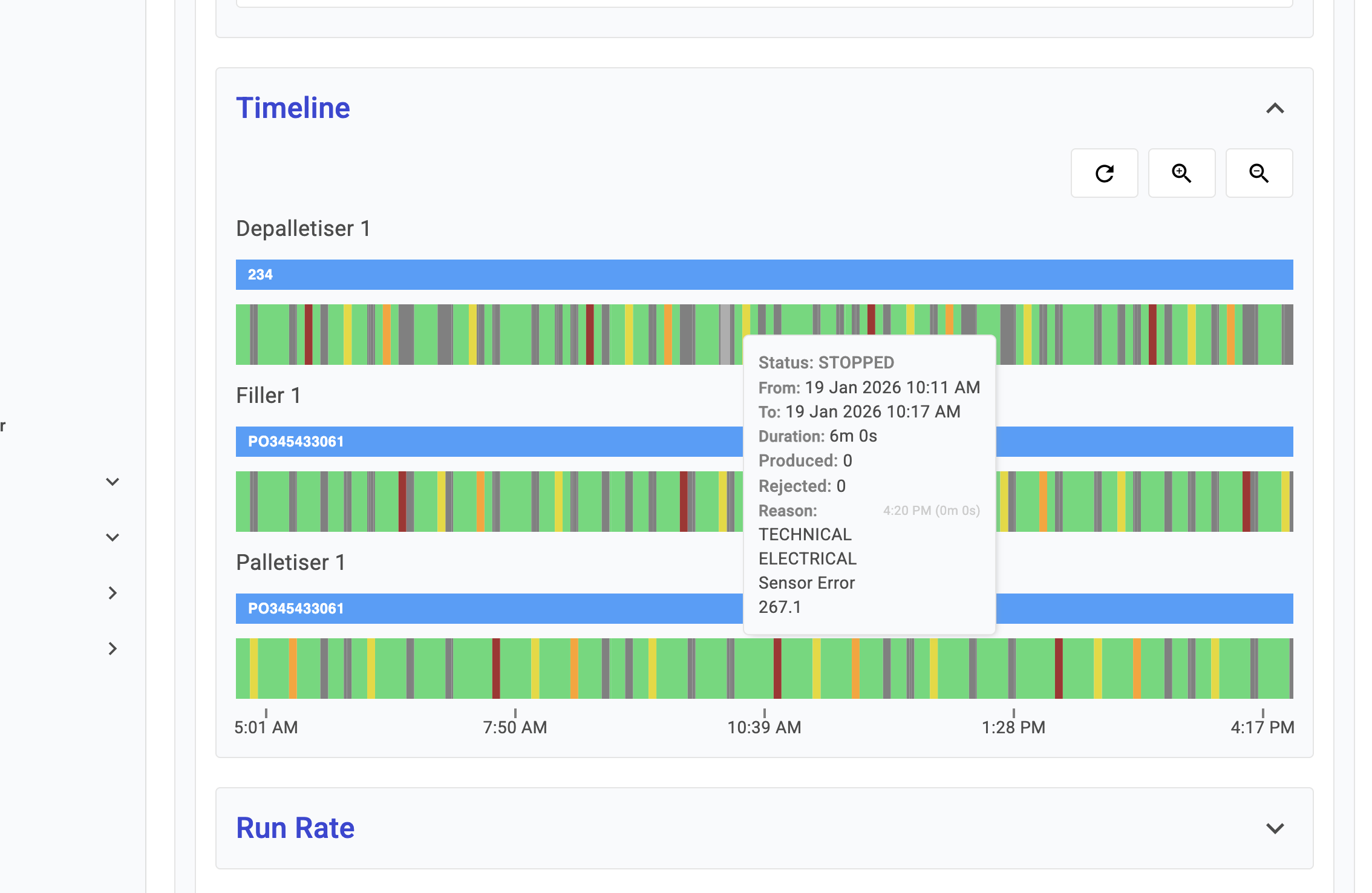 Production Report timeline graph showing color-coded status bars for assets, highlighting a STOPPED status event displayed in gray to match the configured status color