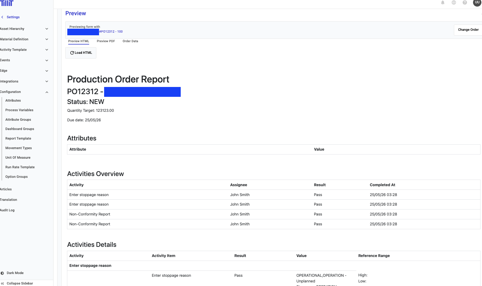 Production Order Report preview interface displaying Activities Overview and Activities Details tables with pass/fail results.