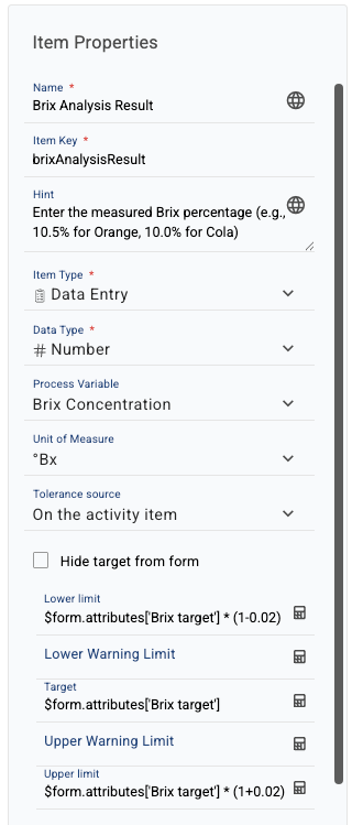 Item Properties panel showing Name, Item Key, Hint, Item Type, Data Type, Process Variable, Unit of Measure, and Tolerance source fields