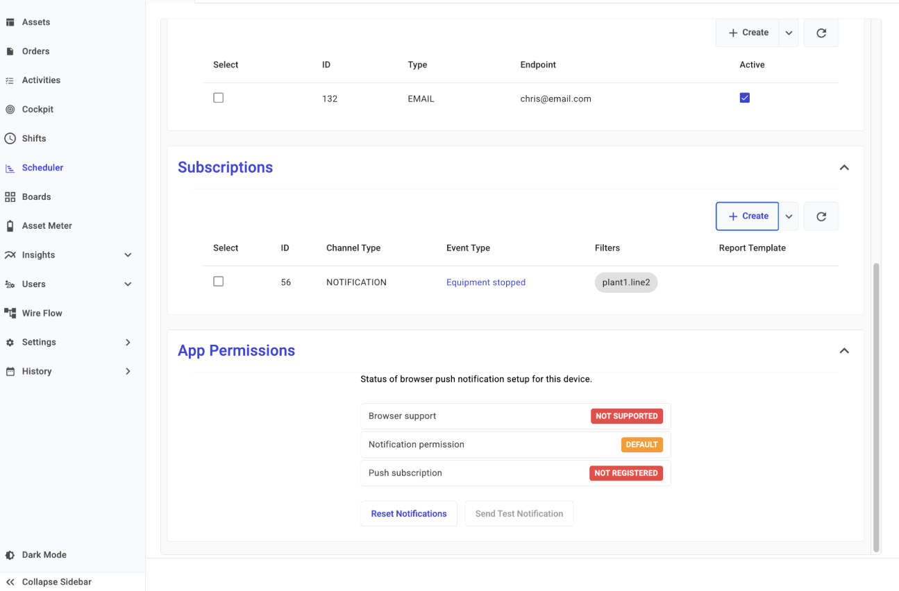 User Profile page in TilliT showing the App Permissions section displaying browser push notification setup status.