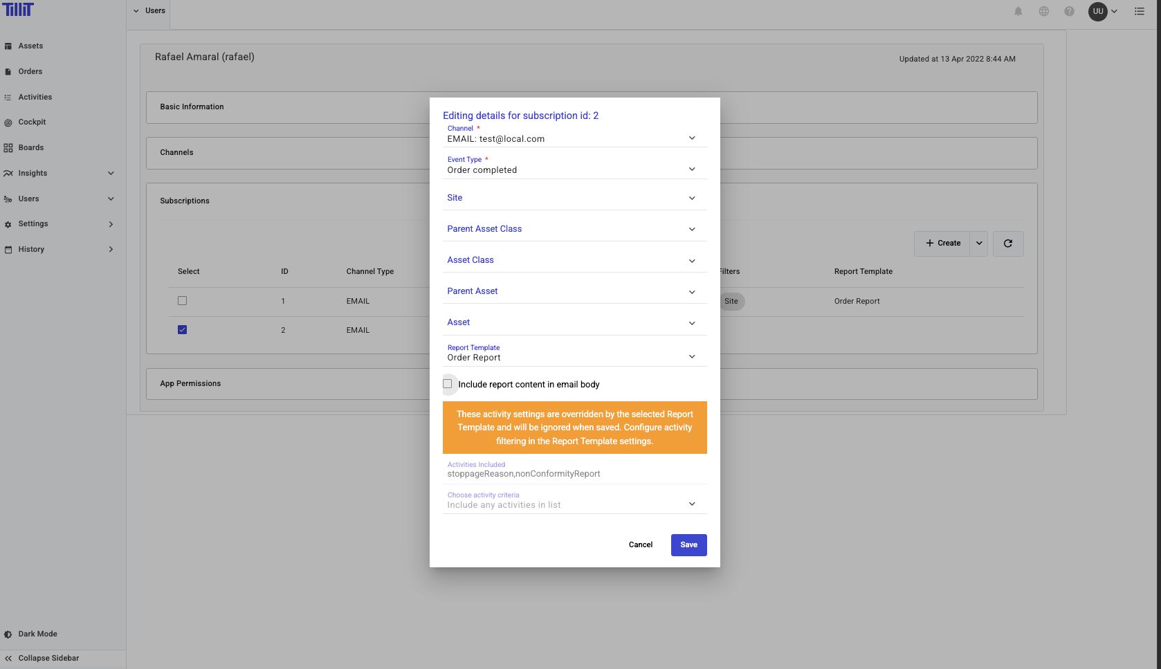 Edit Subscription window displaying an orange warning box informing that legacy activity criteria fields are deprecated.
